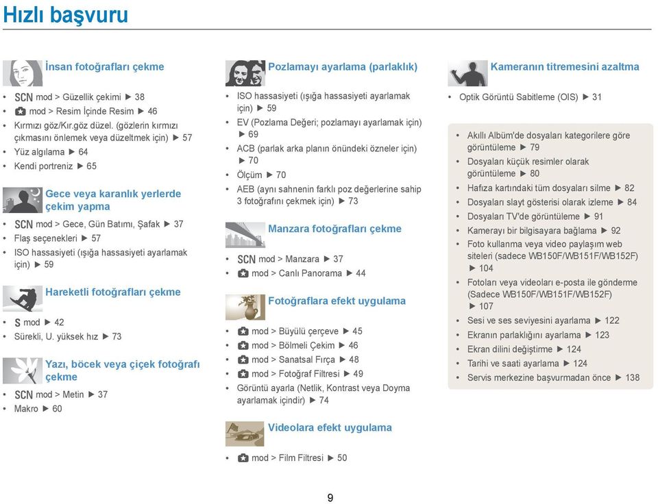 hassasiyeti (ışığa hassasiyeti ayarlamak için) 59 Hareketli fotoğrafları çekme h mod 42 Sürekli, U.