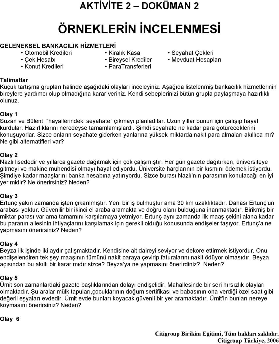 Aşağıda listelenmiş bankacılık hizmetlerinin bireylere yardımcı olup olmadığına karar veriniz. Kendi sebeplerinizi bütün grupla paylaşmaya hazırlıklı olunuz.