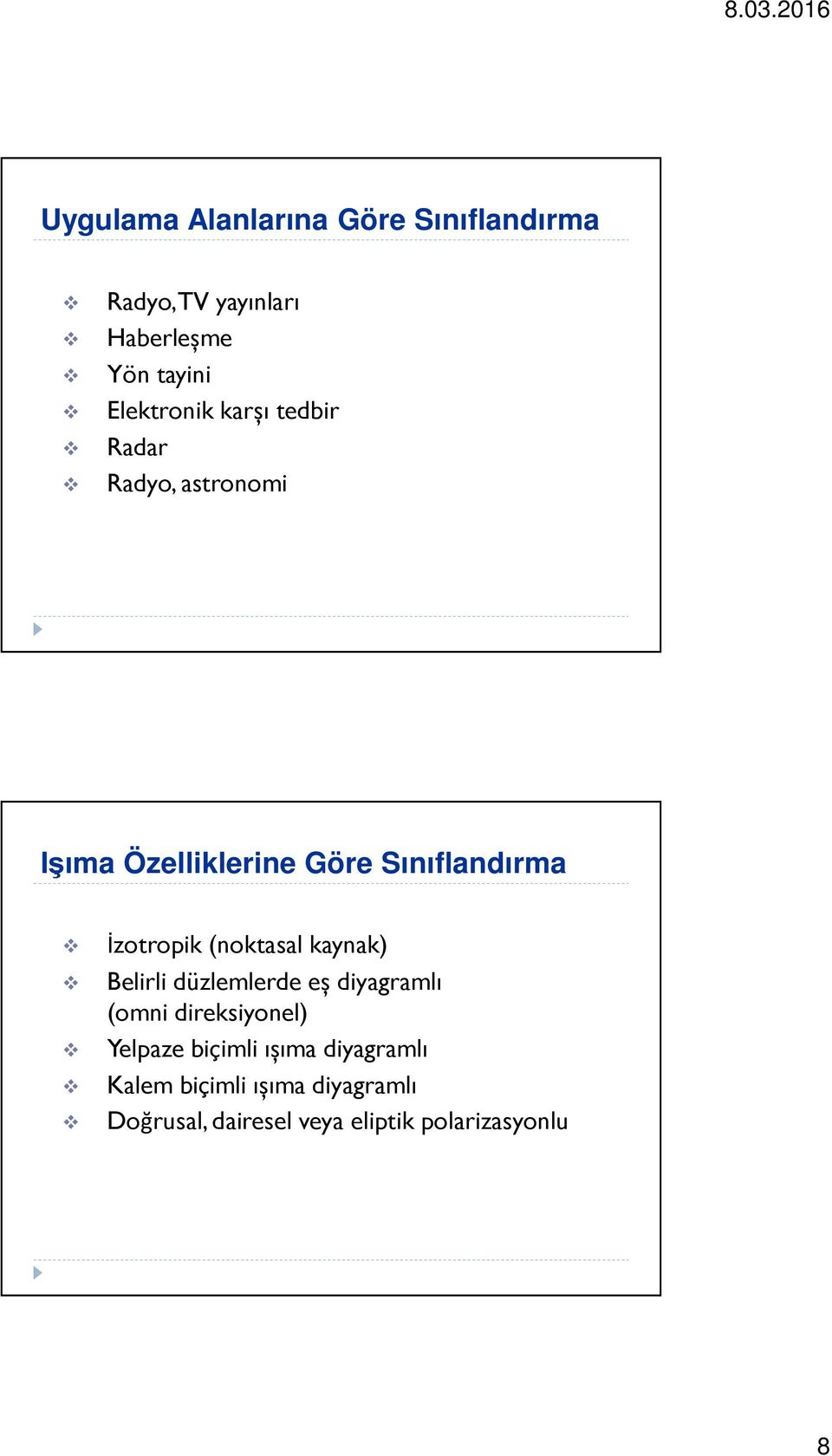 İzotropik (noktasal kaynak) Belirli düzlemlerde eș diyagramlı (omni direksiyonel) Yelpaze