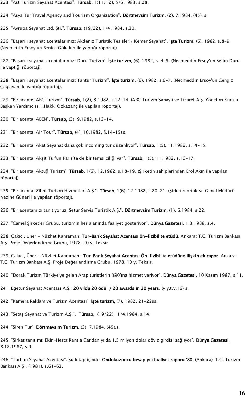"Başarılı seyahat acentalarımız: Duru Turizm". İşte turizm, (6), 1982, s. 4-5. (Necmeddin Ersoy'un Selim Duru ile yaptığı röportaj). 228. "Başarılı seyahat acentalarımız: Tantur Turizm".