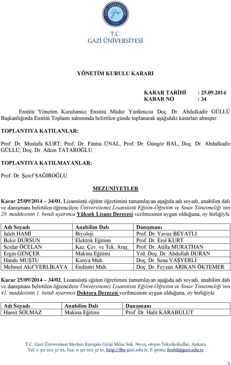 Dr. Abdulkadir GÜLLÜ, Doç. Dr. Adem TATAROĞLU. TOPLANTIYA KATILMAYANLAR: Prof. Dr. Şeref SAĞIROĞLU. MEZUNİYETLER Karar 25/09/2014 34/01.