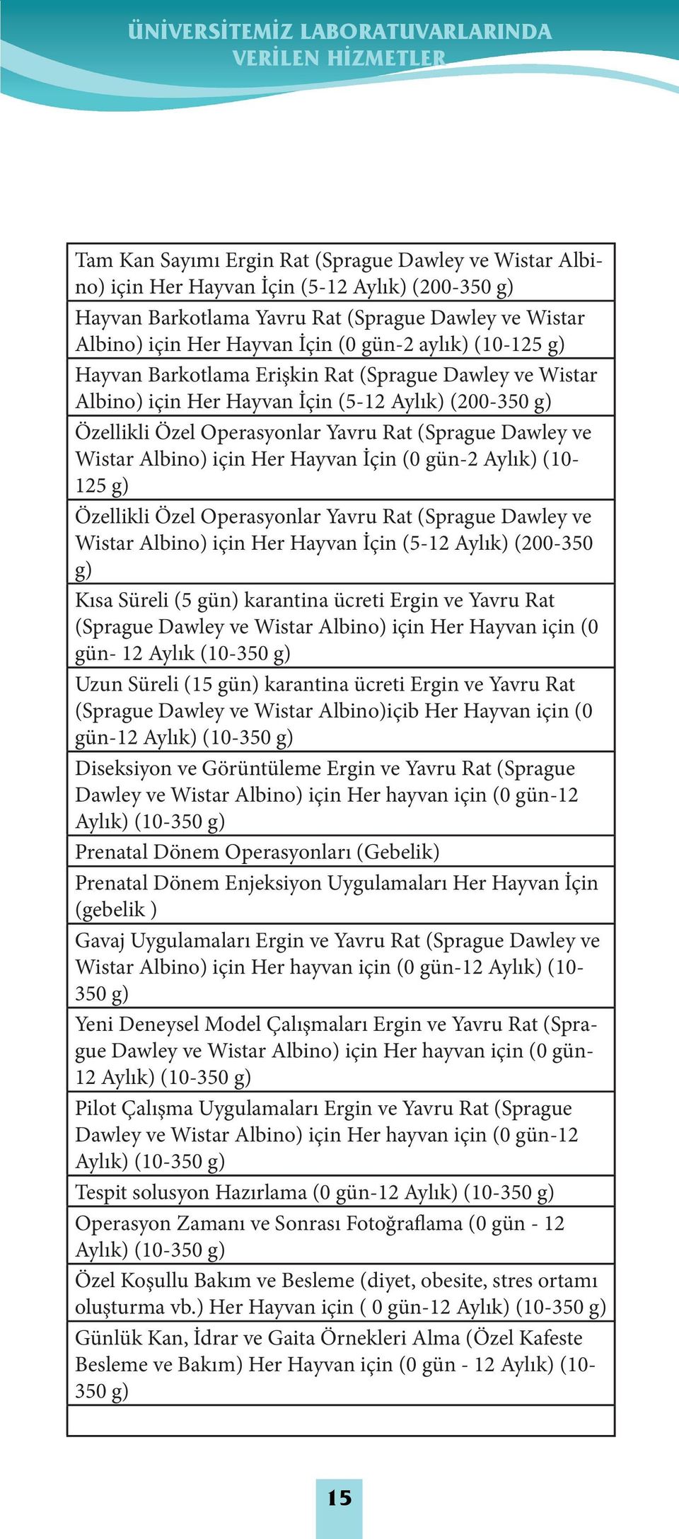 için Her Hayvan İçin (0 gün-2 Aylık) (10-125 g) Özellikli Özel Operasyonlar Yavru Rat (Sprague Dawley ve Wistar Albino) için Her Hayvan İçin (5-12 Aylık) (200-350 g) Kısa Süreli (5 gün) karantina