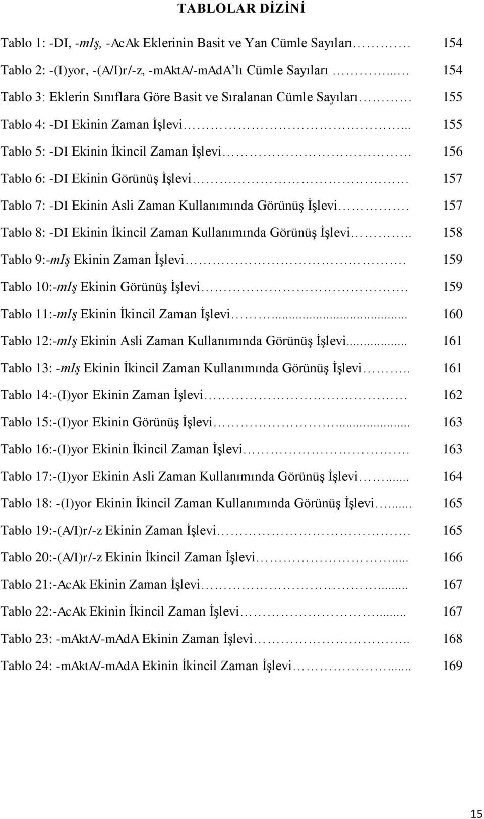 .. 155 Tablo 5: -DI Ekinin İkincil Zaman İşlevi 156 Tablo 6: -DI Ekinin Görünüş İşlevi 157 Tablo 7: -DI Ekinin Asli Zaman Kullanımında Görünüş İşlevi.