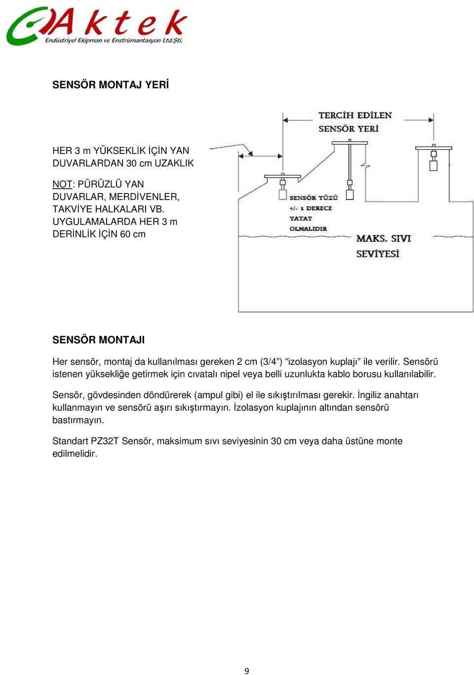 Sensörü istenen yüksekliğe getirmek için cıvatalı nipel veya belli uzunlukta kablo borusu kullanılabilir.