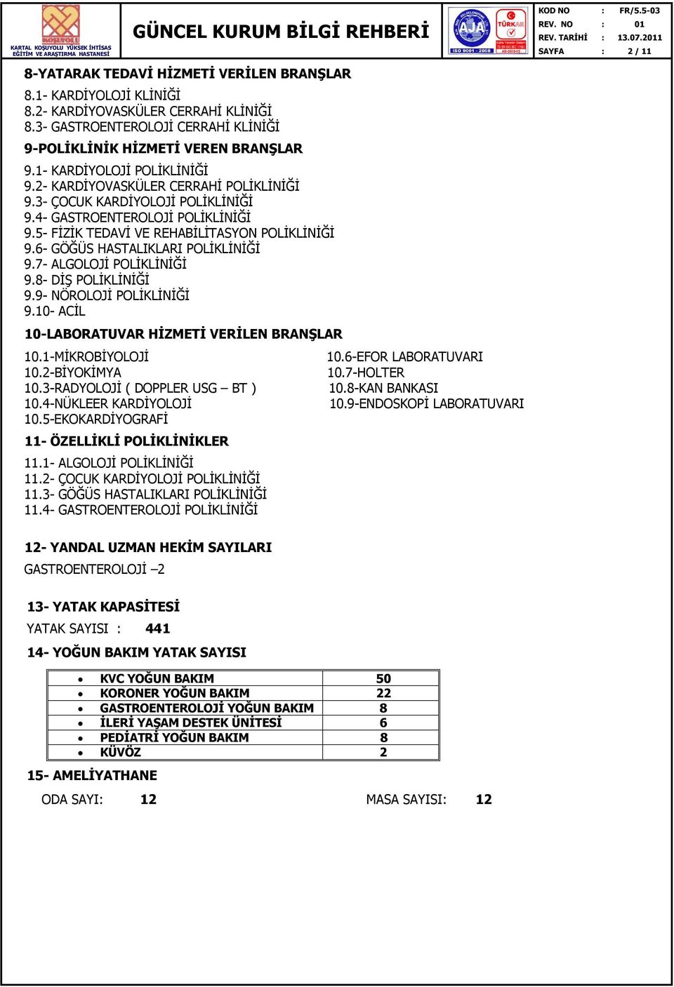 6- GÖĞÜS HASTALIKLARI POLİKLİNİĞİ 9.7- ALGOLOJİ POLİKLİNİĞİ 9.8- DİŞ POLİKLİNİĞİ 9.9- NÖROLOJİ POLİKLİNİĞİ 9.10- ACİL 10-LABORATUVAR HİZMETİ VERİLEN BRANŞLAR 10.1-MİKROBİYOLOJİ 10.2-BİYOKİMYA 10.