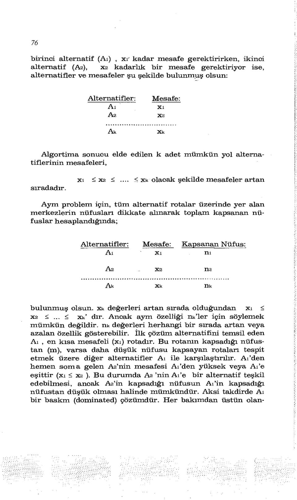 Mesafe: xı X2 Ak Xk Algortima sonucu elde edilen k adet mümkün yol alternatiflerinin mesafeleri, sıradadır. xı < X2 <.