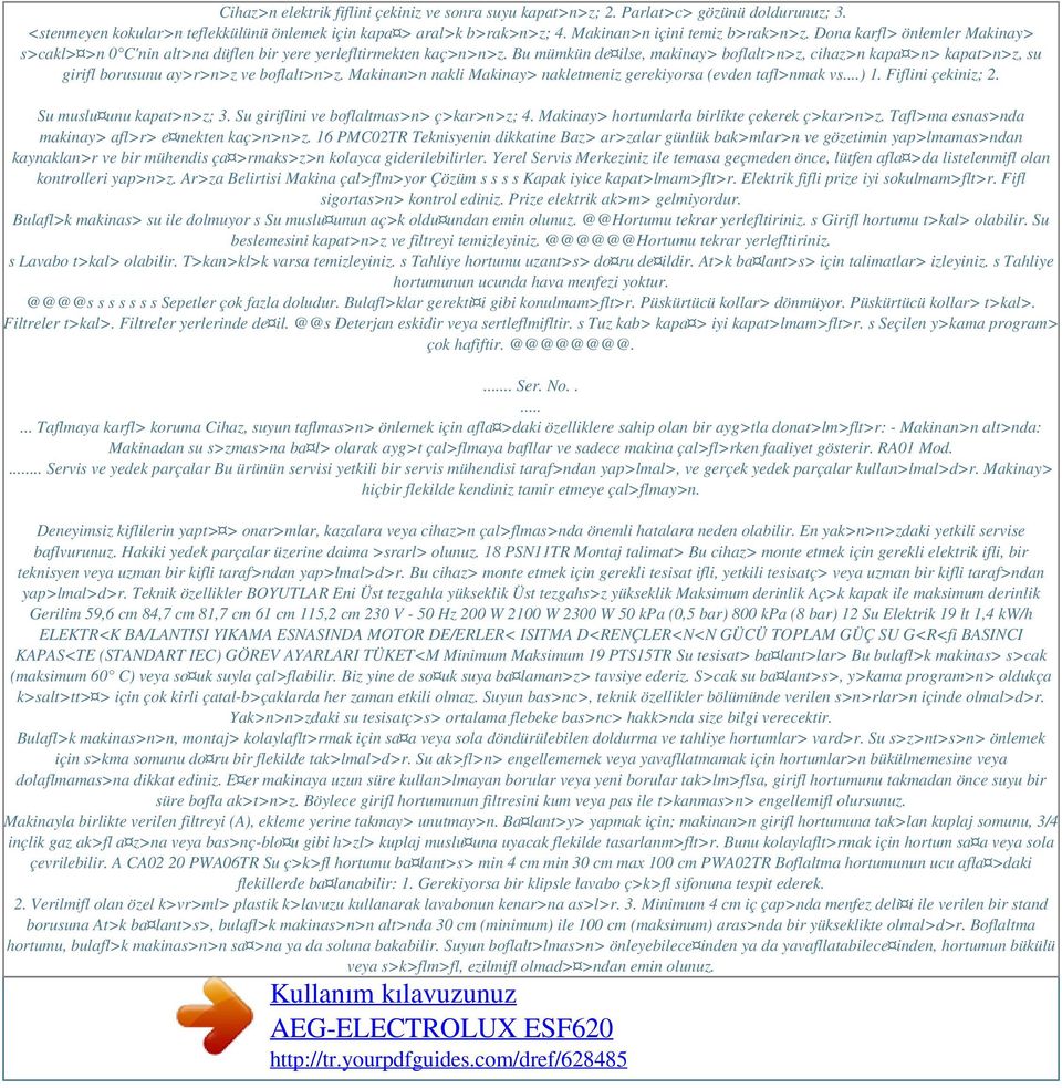 Bu mümkün de ilse, makinay> boflalt>n>z, cihaz>n kapa >n> kapat>n>z, su girifl borusunu ay>r>n>z ve boflalt>n>z. Makinan>n nakli Makinay> nakletmeniz gerekiyorsa (evden tafl>nmak vs...) 1.