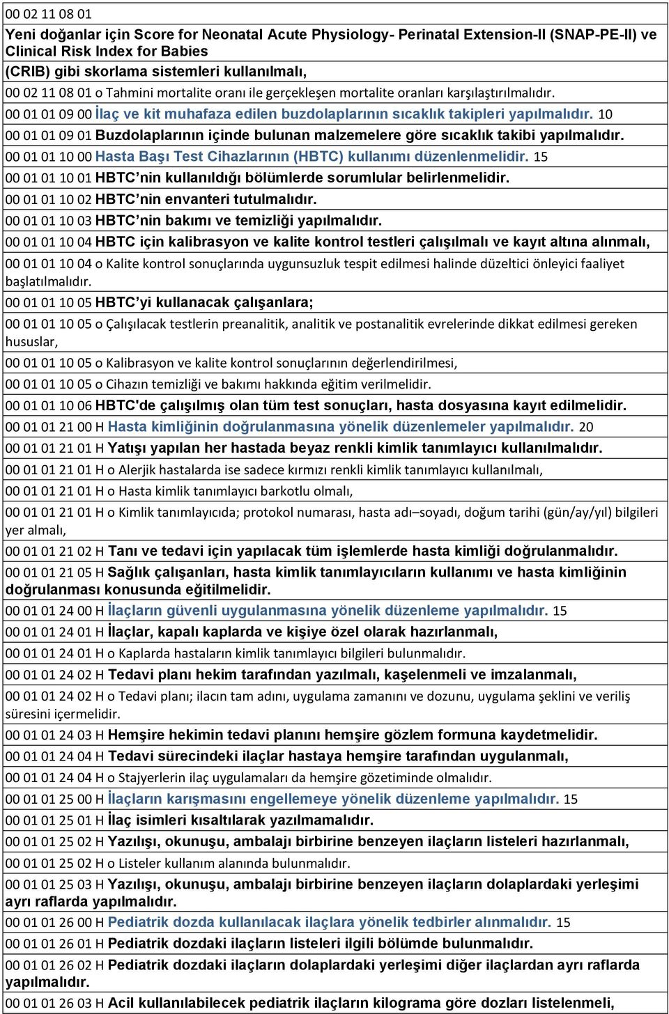 10 00 01 01 09 01 Buzdolaplarının içinde bulunan malzemelere göre sıcaklık takibi yapılmalıdır. 00 01 01 10 00 Hasta Başı Test Cihazlarının (HBTC) kullanımı düzenlenmelidir.