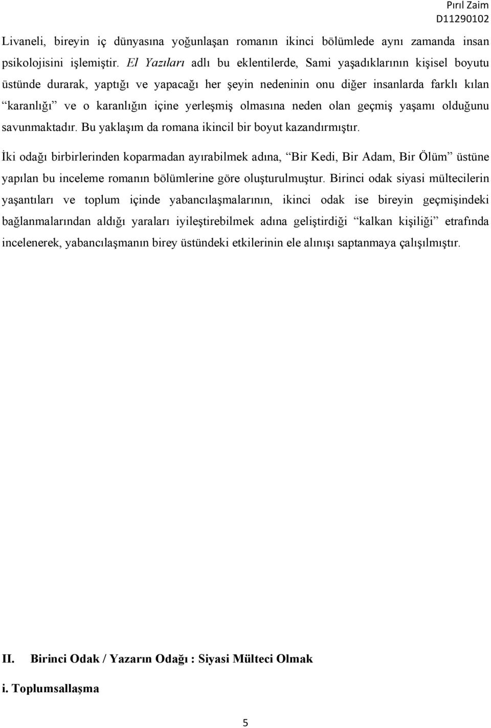 yerleşmiş olmasına neden olan geçmiş yaşamı olduğunu savunmaktadır. Bu yaklaşım da romana ikincil bir boyut kazandırmıştır.