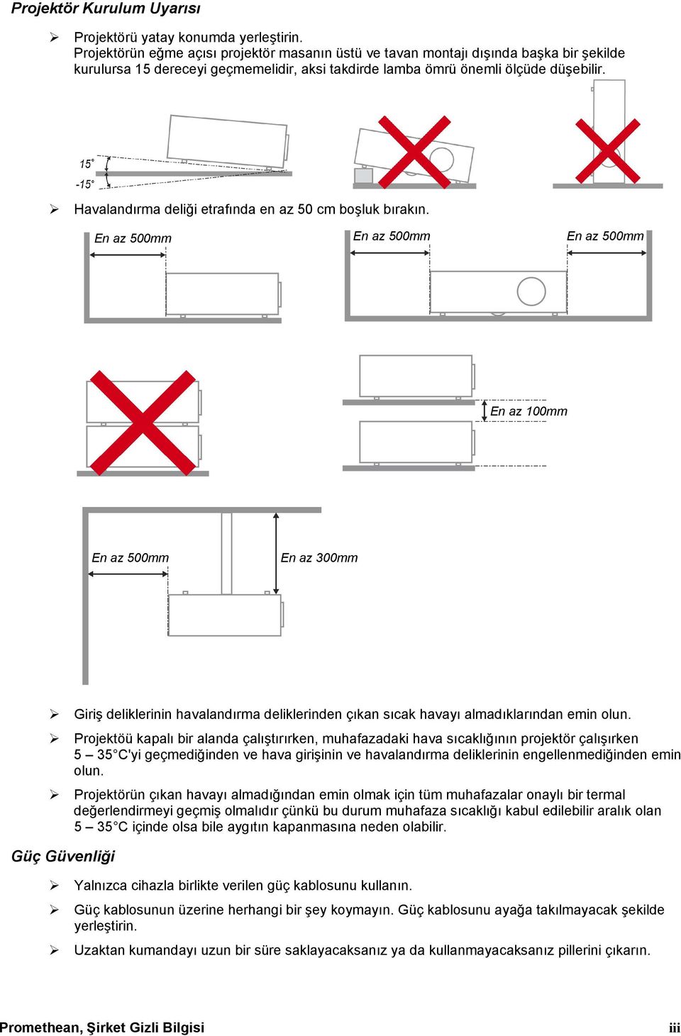 Havalandırma deliği etrafında en az 50 cm boşluk bırakın.