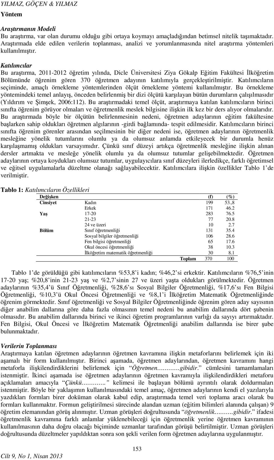 Katılımcılar Bu araştırma, 2011-2012 öğretim yılında, Dicle Üniversitesi Ziya Gökalp Eğitim Fakültesi İlköğretim Bölümünde öğrenim gören 370 öğretmen adayının katılımıyla gerçekleştirilmiştir.