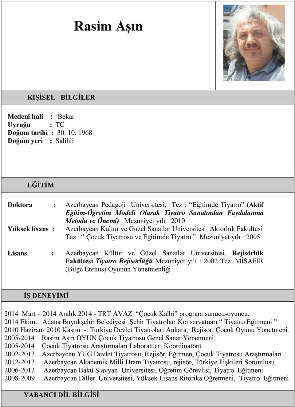 2010 Yüksek lisans : Azerbaycan Kültür ve Güzel Sanatlar Universitesi, Aktörlük Fakültesi Tez : Çocuk Tiyatrosu ve Eğitimde Tiyatro Mezuniyet yılı : 2005 Lisans : Azerbaycan Kültür ve Güzel Sanatlar