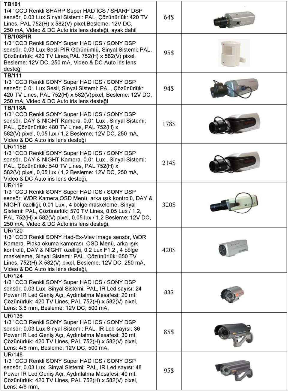 03 Lux,Sesli PIR Görünümlü, Sinyal Sistemi: PAL, Çözünürlük: 420 TV Lines,PAL 752(H) x 582(V) pixel, Besleme: 12V DC, 250 ma, Video & DC Auto iris lens desteği TB/111 sensör, 0.