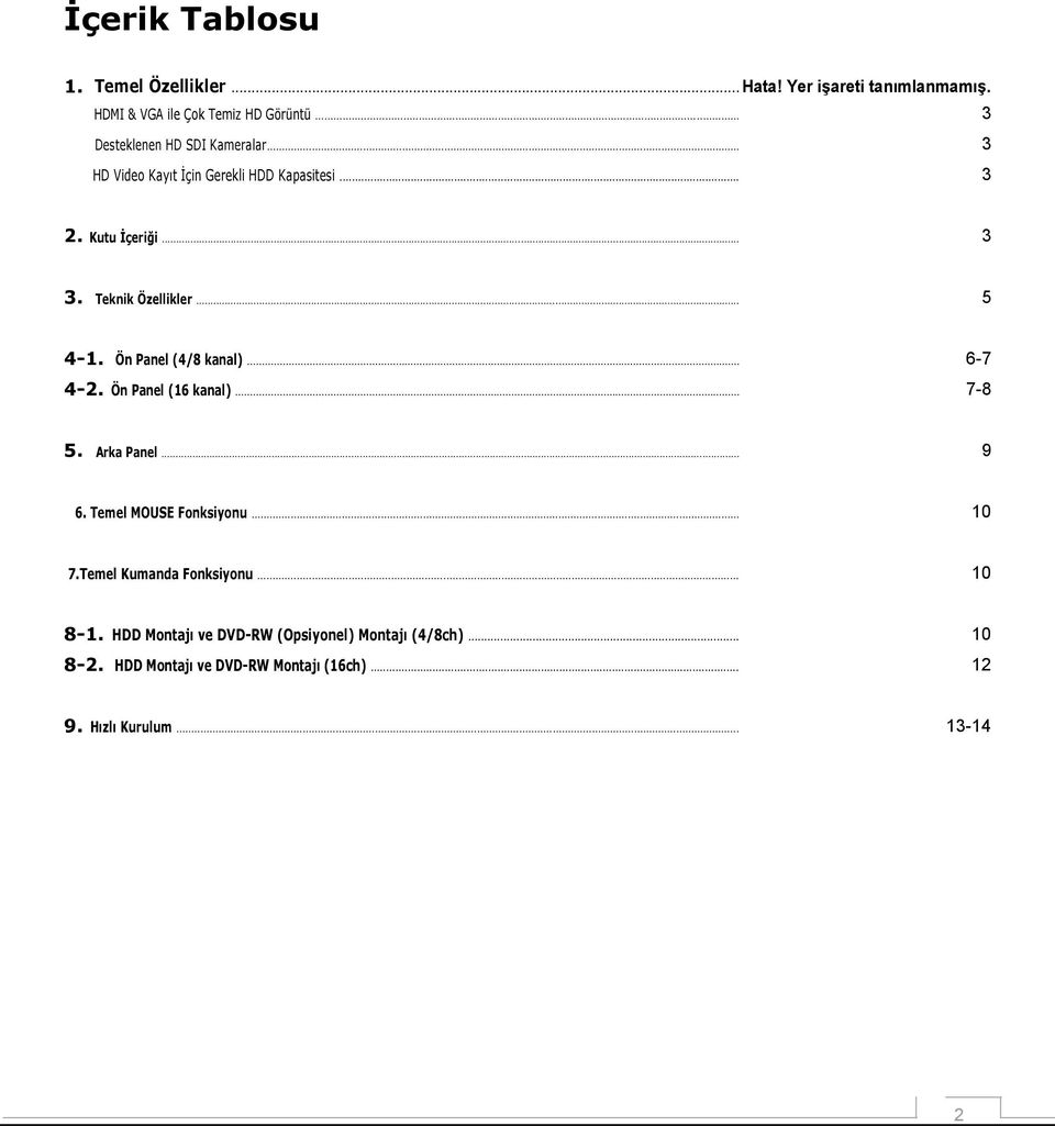 .. 5 4-1. Ön Panel (4/8 kanal)... 6-7 4-2. Ön Panel (16 kanal)... 7-8 5. Arka Panel... 9 6. Temel MOUSE Fonksiyonu... 10 7.