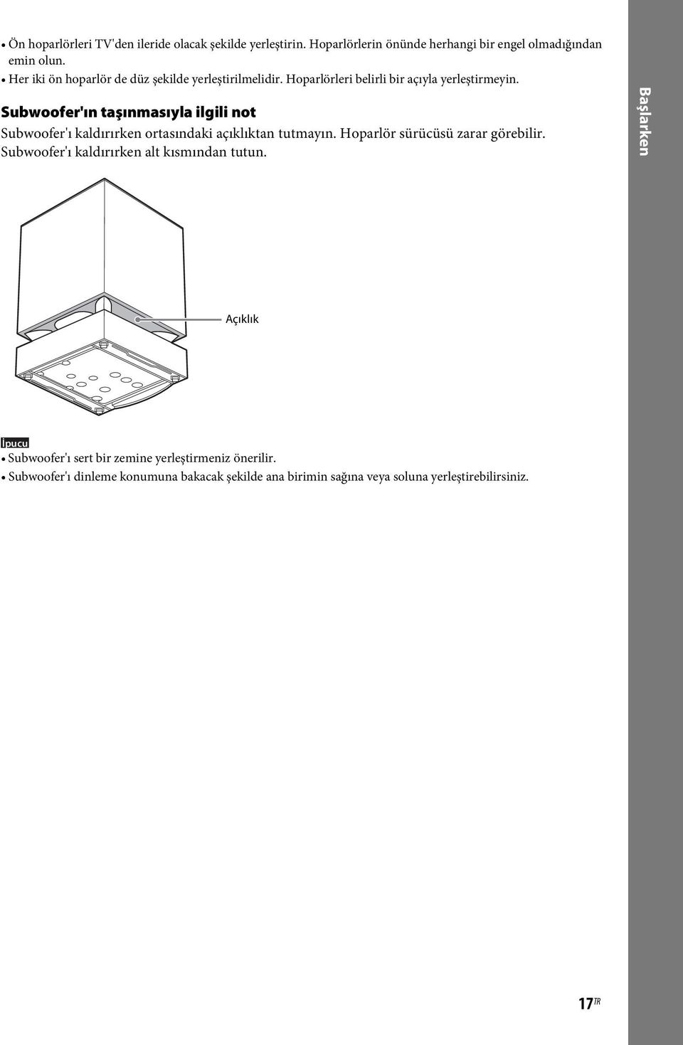 Subwoofer'ın taşınmasıyla ilgili not Subwoofer'ı kaldırırken ortasındaki açıklıktan tutmayın. Hoparlör sürücüsü zarar görebilir.