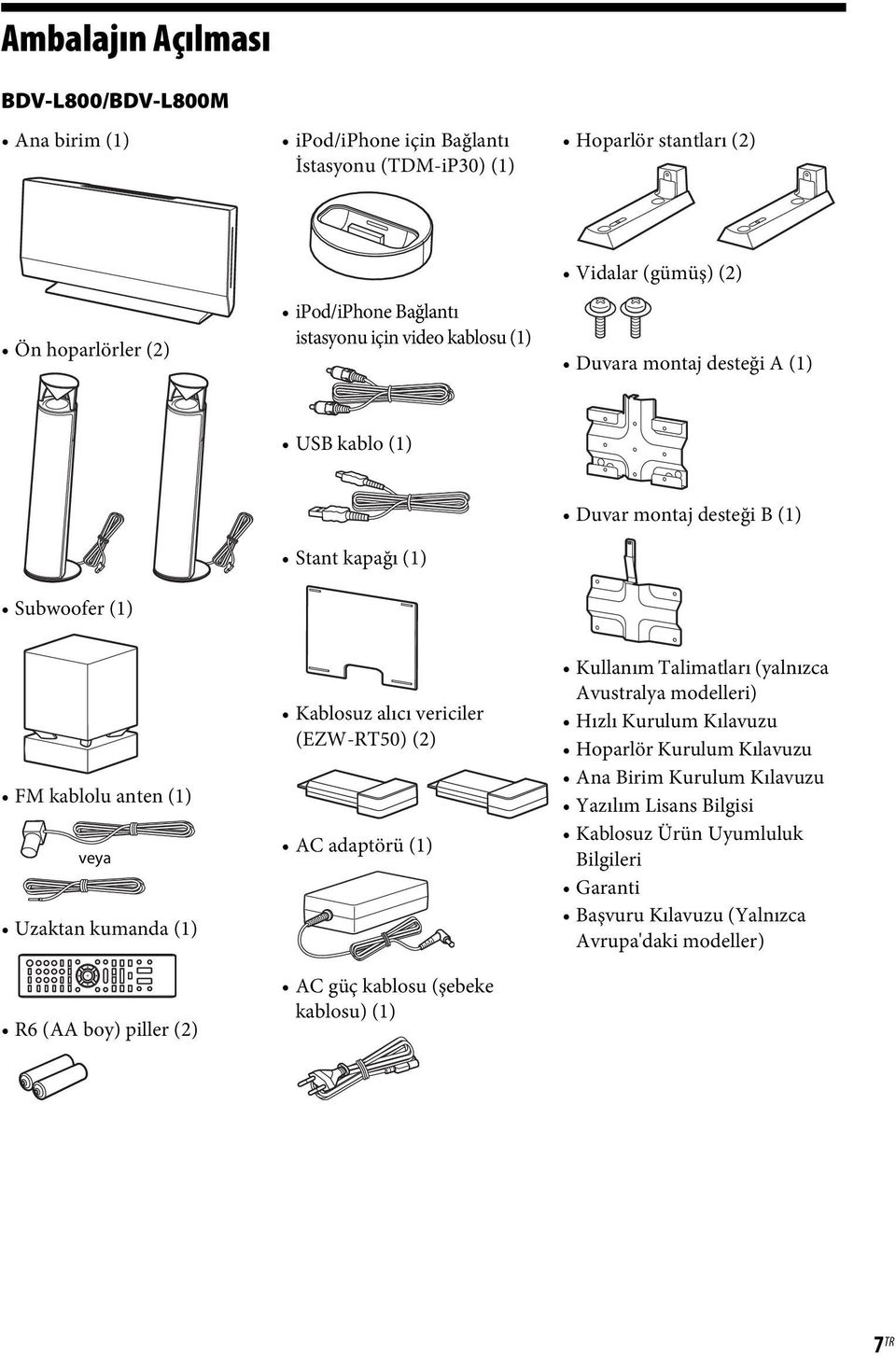 (1) R6 (AA boy) piller (2) Kablosuz alıcı vericiler (EZW-RT50) (2) AC adaptörü (1) AC güç kablosu (şebeke kablosu) (1) Kullanım Talimatları (yalnızca Avustralya modelleri) Hızlı