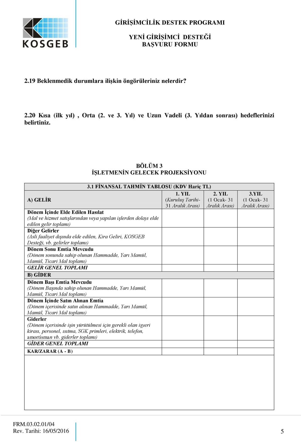 YIL (Kuruluş Tarihi- 31 Dönem Ġçinde Elde Edilen Hasılat (Mal ve hizmet satışlarından veya yapılan işlerden dolayı elde edilen gelir toplamı) Diğer Gelirler (Asli faaliyet dışında elde edilen, Kira