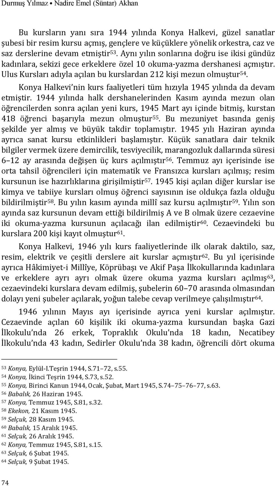 Ulus Kursları adıyla açılan bu kurslardan 212 kişi mezun olmuştur 54. Konya Halkevi nin kurs faaliyetleri tüm hızıyla 1945 yılında da devam etmiştir.