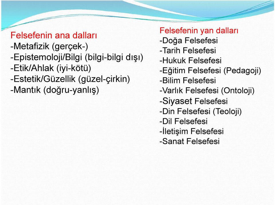 Felsefesi -Tarih Felsefesi -Hukuk Felsefesi -Eğitim Felsefesi (Pedagoji) -Bilim Felsefesi -Varlık