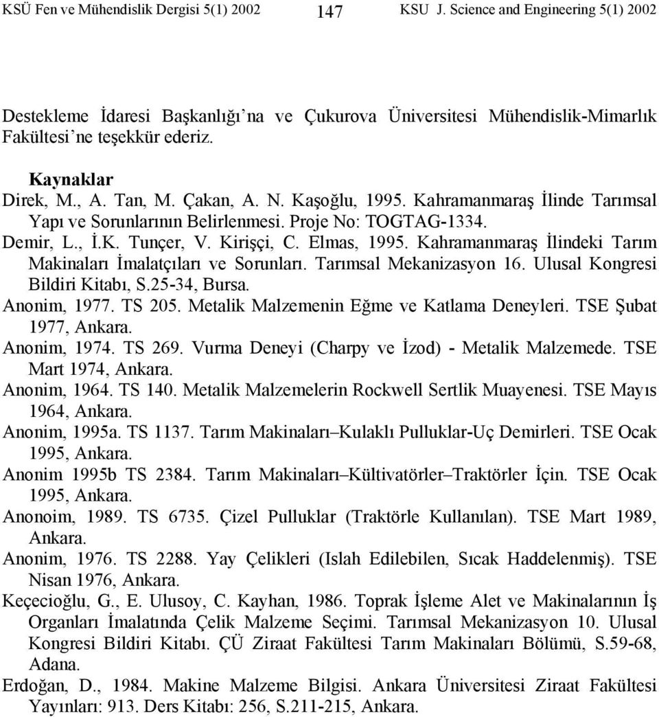 Kahramanmaraş İlindeki Tarım Makinaları İmalatçıları ve Sorunları. Tarımsal Mekanizasyon 16. Ulusal Kongresi Bildiri Kitabı, S.25-34, Bursa. Anonim, 1977. TS 205.