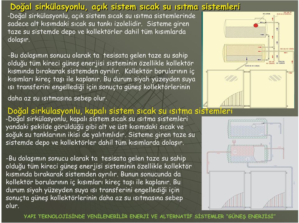 FLATOR SICAK SU HAVALANDIRMA -Bu dolaşımın sonucu olarak ta tesisata gelen taze su sahip olduğu tüm kireci güneş enerjisi sisteminin özellikle kollektör kısmında bırakarak sistemden ayrılır.