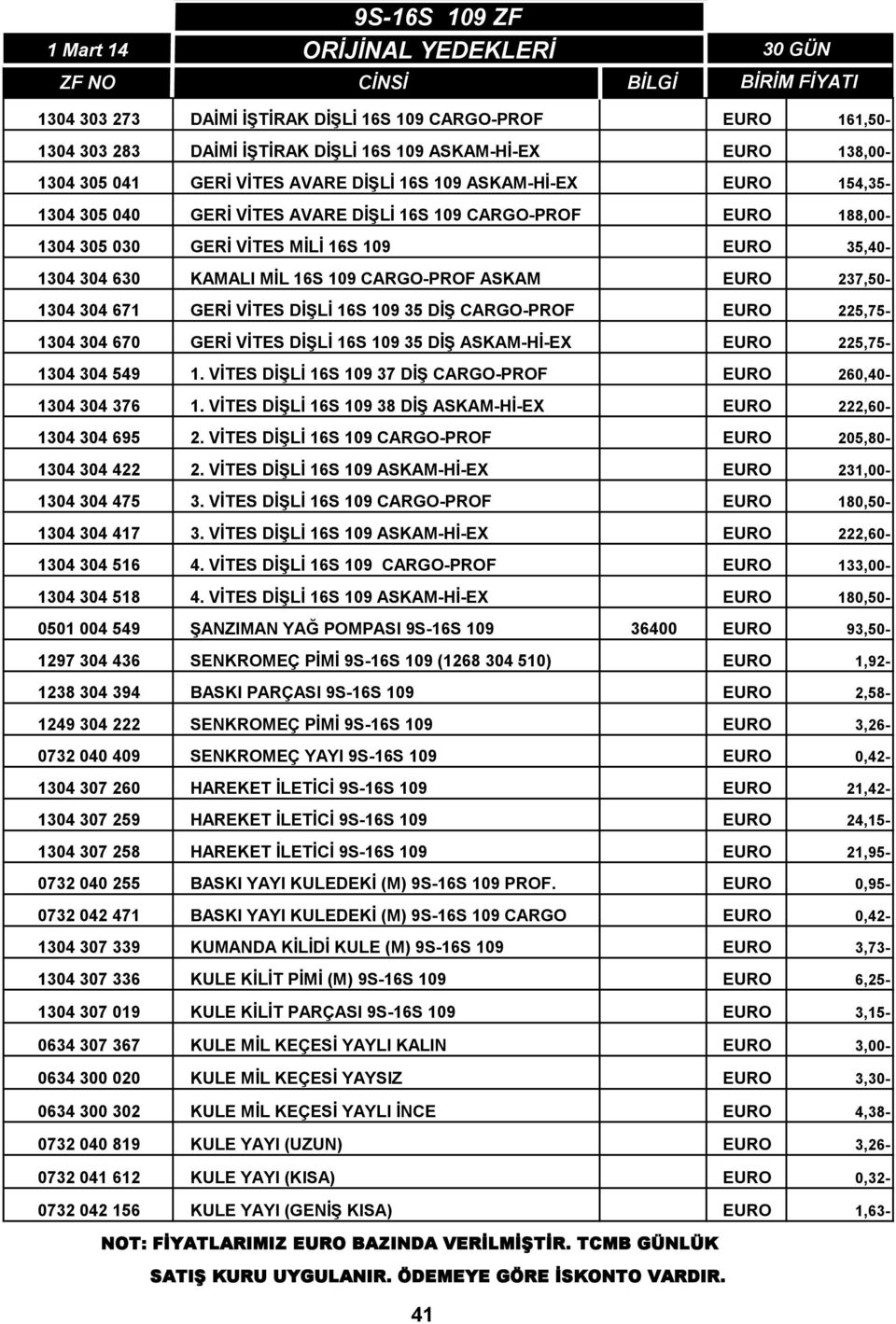 237,50-1304 304 671 GERİ VİTES DİŞLİ 16S 109 35 DİŞ CARGO-PROF EURO 225,75-1304 304 670 GERİ VİTES DİŞLİ 16S 109 35 DİŞ ASKAM-Hİ-EX EURO 225,75-1304 304 549 1.