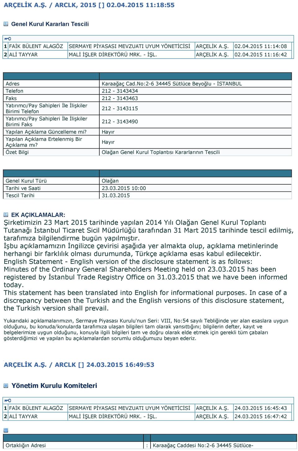 2015 11:16:42 Adres Telefon 212-3143434 Faks 212-3143463 Yatırımcı/Pay Sahipleri İle İlişkiler Birimi Telefon Yatırımcı/Pay Sahipleri İle İlişkiler Birimi Faks Yapılan Açıklama Güncelleme mi?