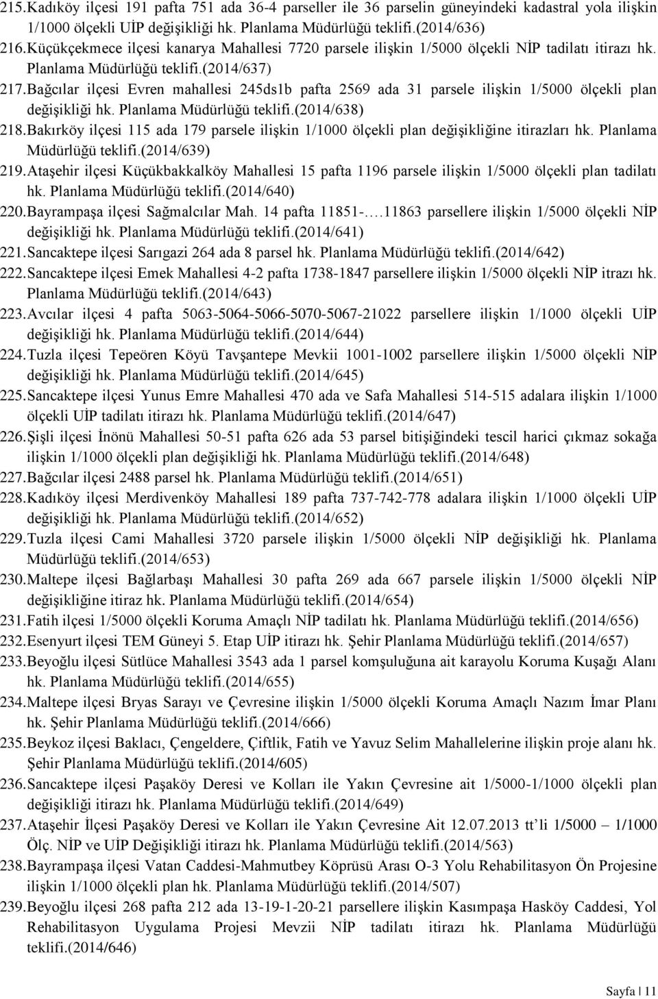 Bağcılar ilçesi Evren mahallesi 245ds1b pafta 2569 ada 31 parsele ilişkin 1/5000 ölçekli plan değişikliği hk. Planlama Müdürlüğü teklifi.(2014/638) 218.