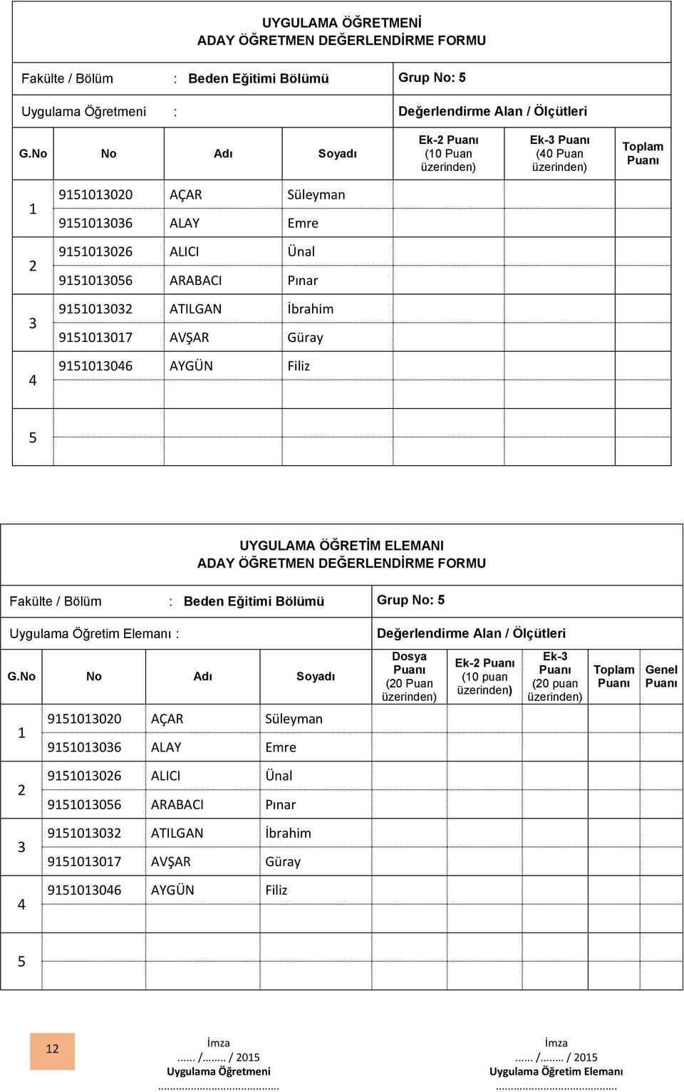 Eğitimi Bölümü Grup No: Uygulama Öğretim Elemanı : Değerlendirme Alan / Ölçütleri 9000 AÇAR Süleyman 9006 ALAY Emre Dosya (0 Puan Ek- (0 puan Ek- (0