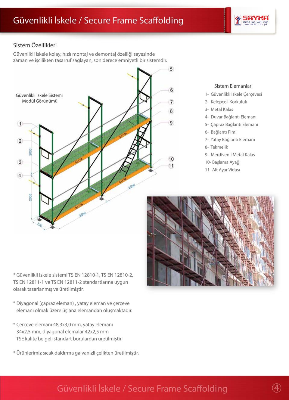 Güvenlikli İskele Sistemi Modül Görünümü Sistem Elemanları 1- Güvenlikli İskele Çerçevesi 2- Kelepçeli Korkuluk 3- Metal Kalas 4- Duvar Bağlantı Elemanı 5- Çapraz Bağlantı Elemanı 6- Bağlantı Pimi 7-