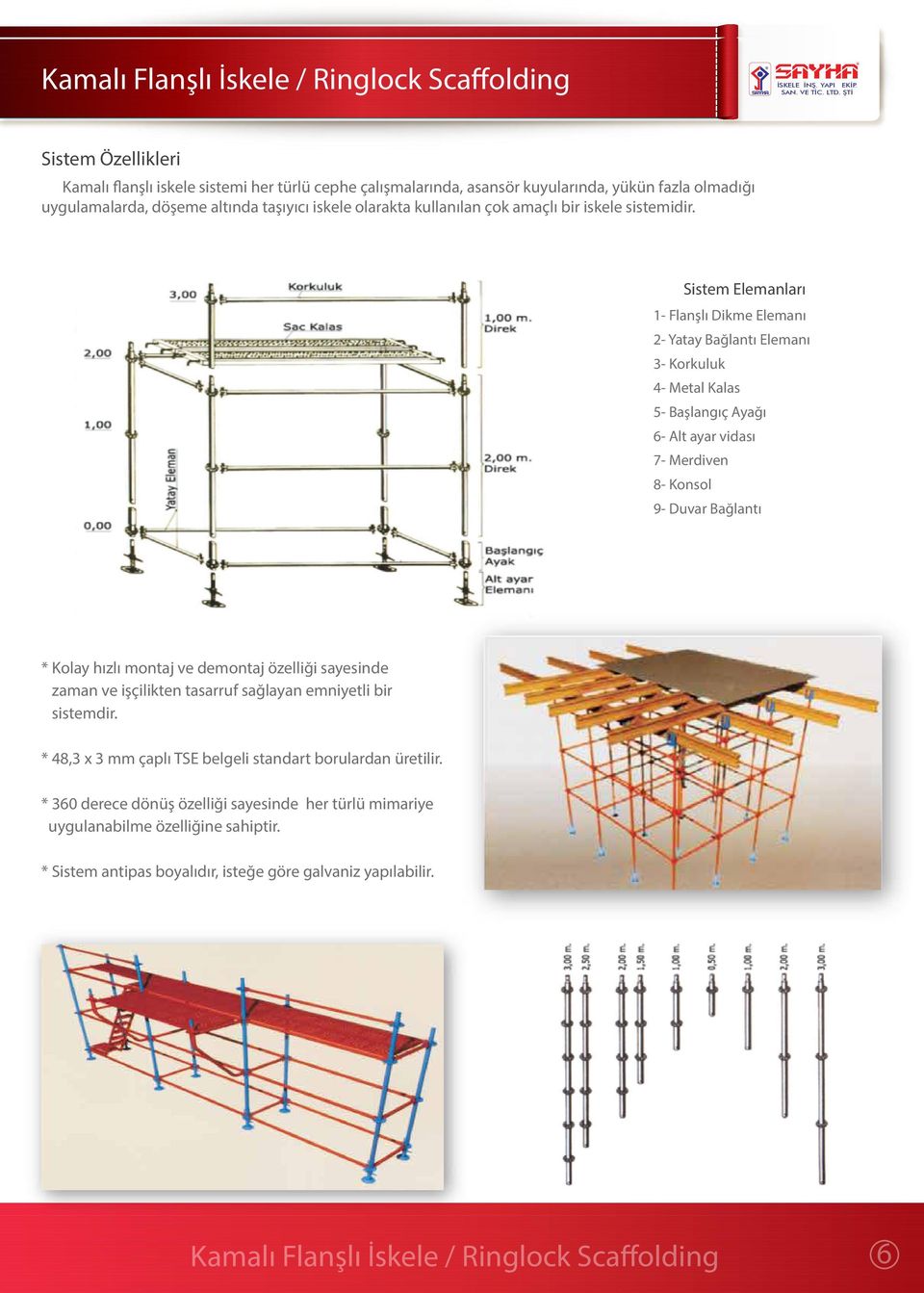 Sistem Elemanları 1- Flanşlı Dikme Elemanı 2- Yatay Bağlantı Elemanı 3- Korkuluk 4- Metal Kalas 5- Başlangıç Ayağı 6- Alt ayar vidası 7- Merdiven 8- Konsol 9- Duvar Bağlantı * Kolay hızlı montaj ve