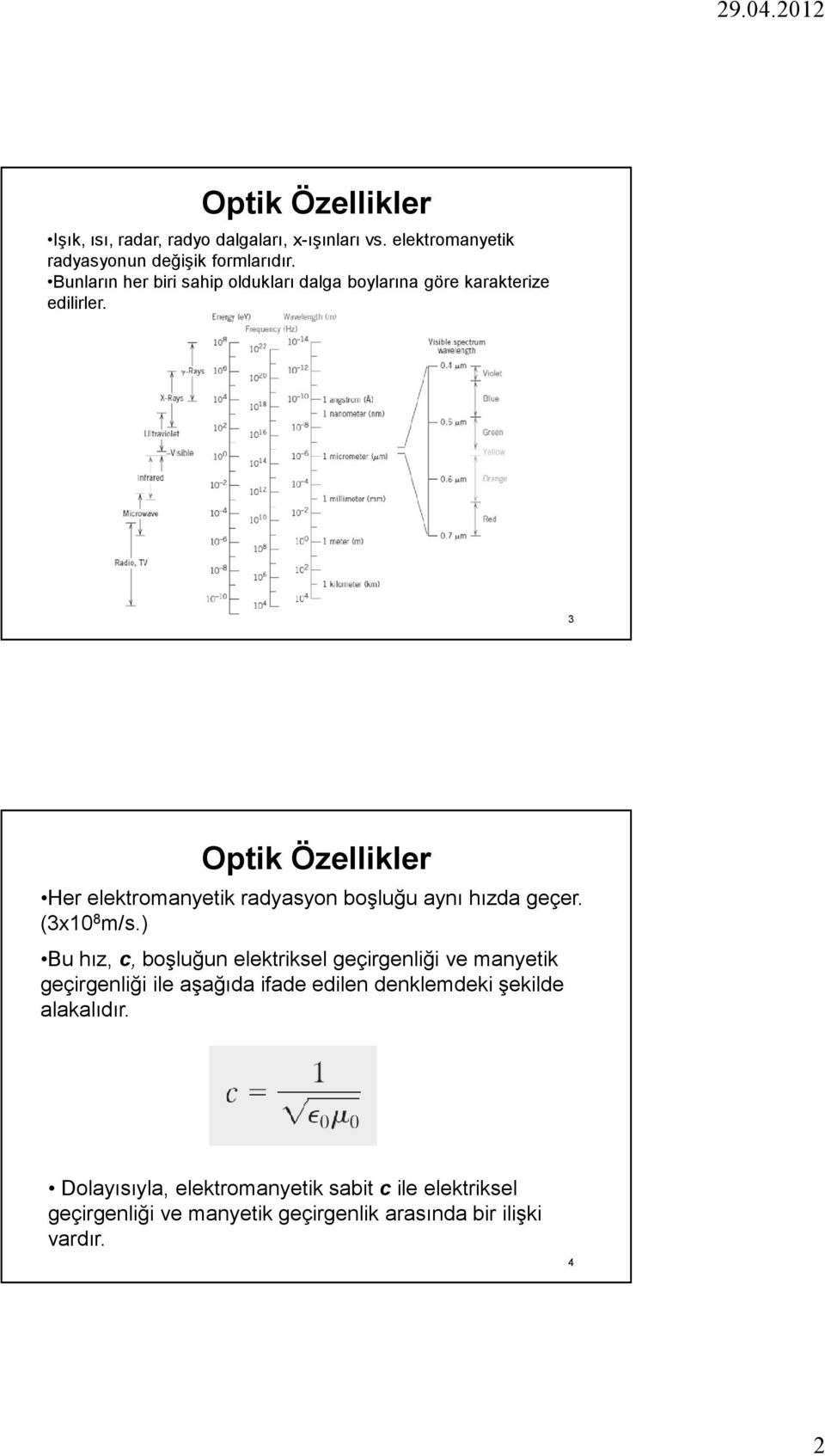 3 Optik Özellikler Her elektromanyetik radyasyon boşluğu aynı hızda geçer. (3x10 8 m/s.