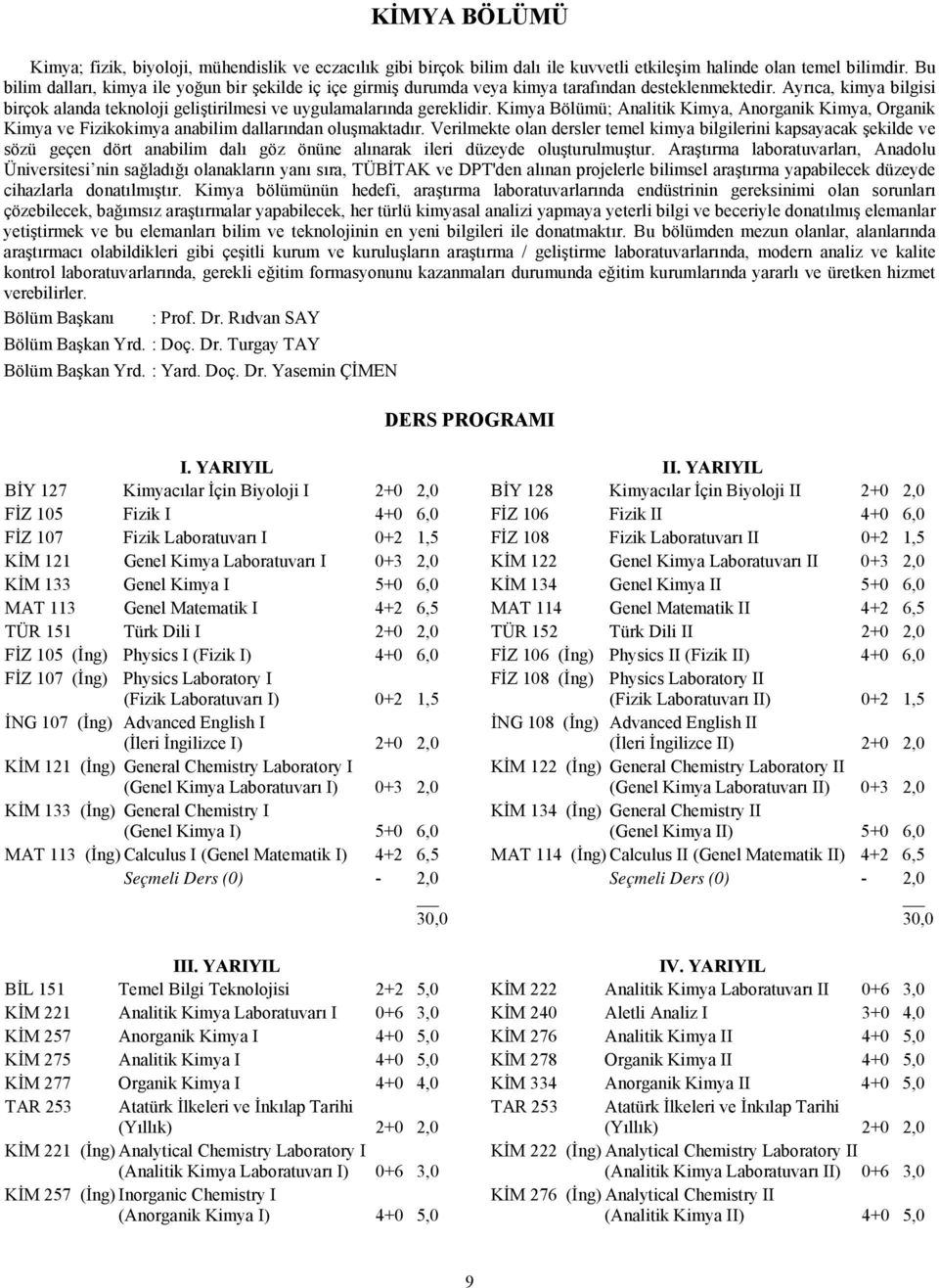 Kimya Bölümü; Analitik Kimya, Anorganik Kimya, Organik Kimya ve Fizikokimya anabilim dallarından oluşmaktadır.