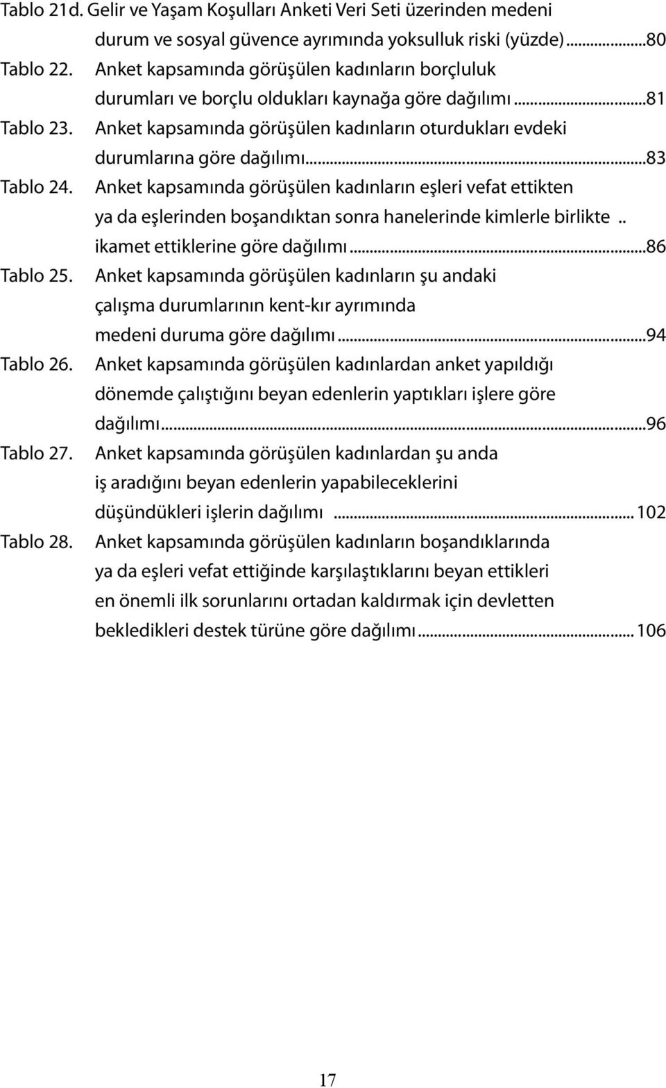 ..83 Tablo 24. Anket kapsamında görüşülen kadınların eşleri vefat ettikten ya da eşlerinden boşandıktan sonra hanelerinde kimlerle birlikte... ikamet ettiklerine göre dağılımı...86 Tablo 25.