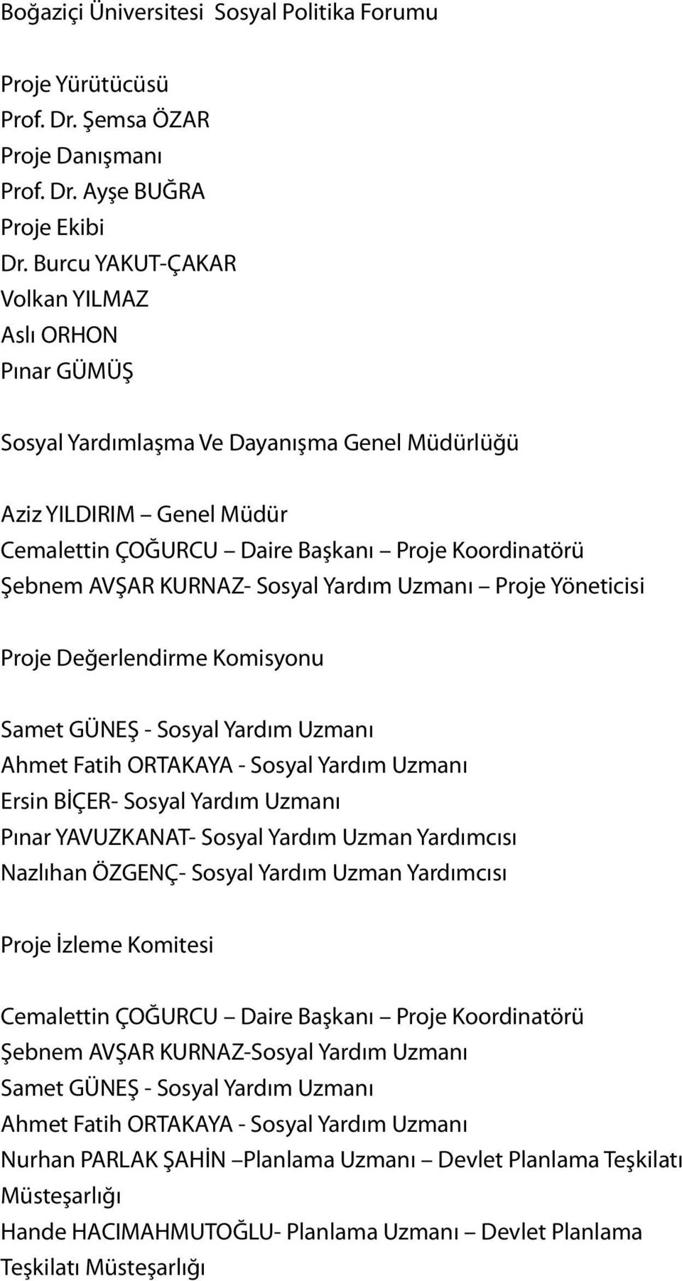 KURNAZ- Sosyal Yardım Uzmanı Proje Yöneticisi Proje Değerlendirme Komisyonu Samet GÜNEŞ - Sosyal Yardım Uzmanı Ahmet Fatih ORTAKAYA - Sosyal Yardım Uzmanı Ersin BİÇER- Sosyal Yardım Uzmanı Pınar