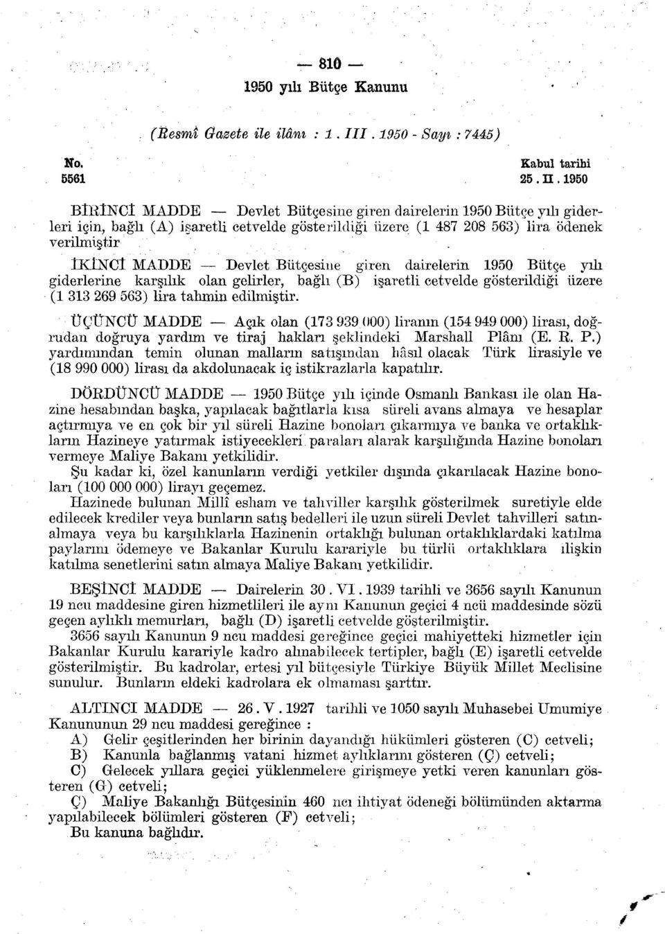 1950 BlRlNCl MADDE Devlet Bütçesine giren dairelerin 1950 Bütçe yılı giderleri için, bağlı (A) işaretli cetvelde gösterildiği üzere (1 487 208 563) lira ödenek verilmiştir İKİNCİ MADDE Devlet