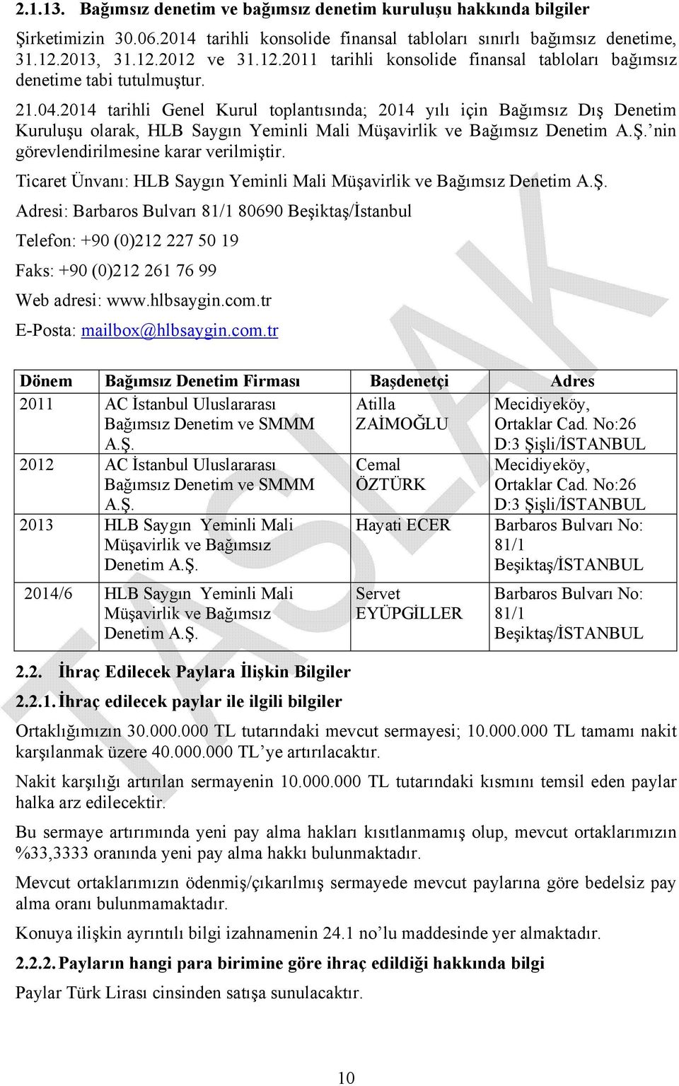 2014 tarihli Genel Kurul toplantısında; 2014 yılı için Bağımsız Dış Denetim Kuruluşu olarak, HLB Saygın Yeminli Mali Müşavirlik ve Bağımsız Denetim A.Ş. nin görevlendirilmesine karar verilmiştir.