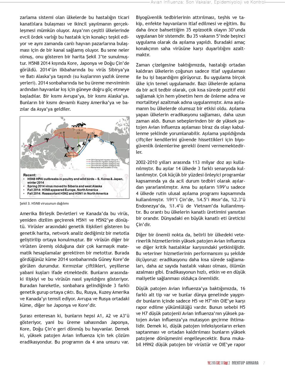 Bu sene neler olmuş, onu gösteren bir harita Şekil 3 te sunulmuştur. H5N8 2014 kışında Kore, Japonya ve Doğu Çin de görüldü.