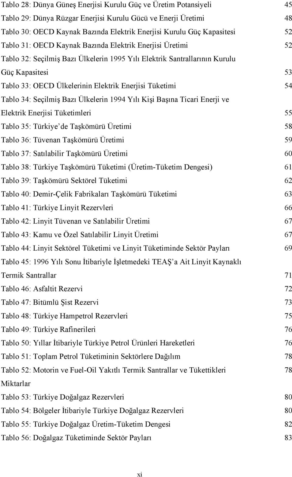 Elektrik Enerjisi Tüketimi 54 Tablo 34: Seçilmiş Bazı Ülkelerin 1994 Yılı Kişi Başına Ticari Enerji ve Elektrik Enerjisi Tüketimleri 55 Tablo 35: Türkiye de Taşkömürü Üretimi 58 Tablo 36: Tüvenan