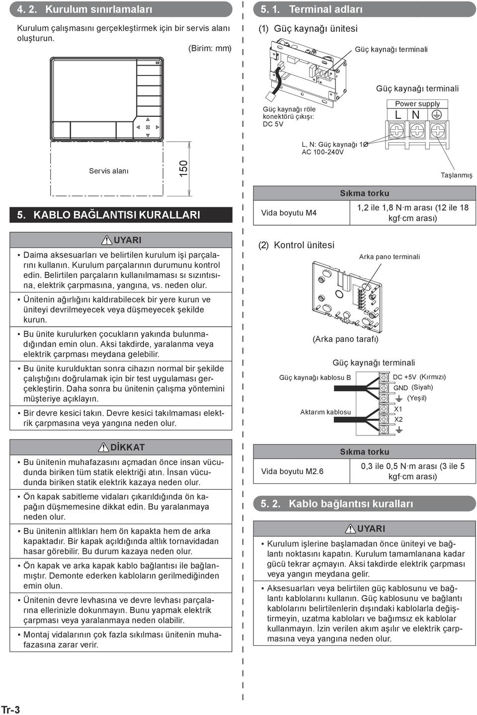 Taşlanmış Sıkma torku 555 KABLO BAĞLANTISI KURALLARI Vida boyutu M4 1,2 ile 1,8 N m arası (12 ile 18 kgf cm arası) UYARI Daima aksesuarları ve belirtilen kurulum işi parçalarını kullanın.