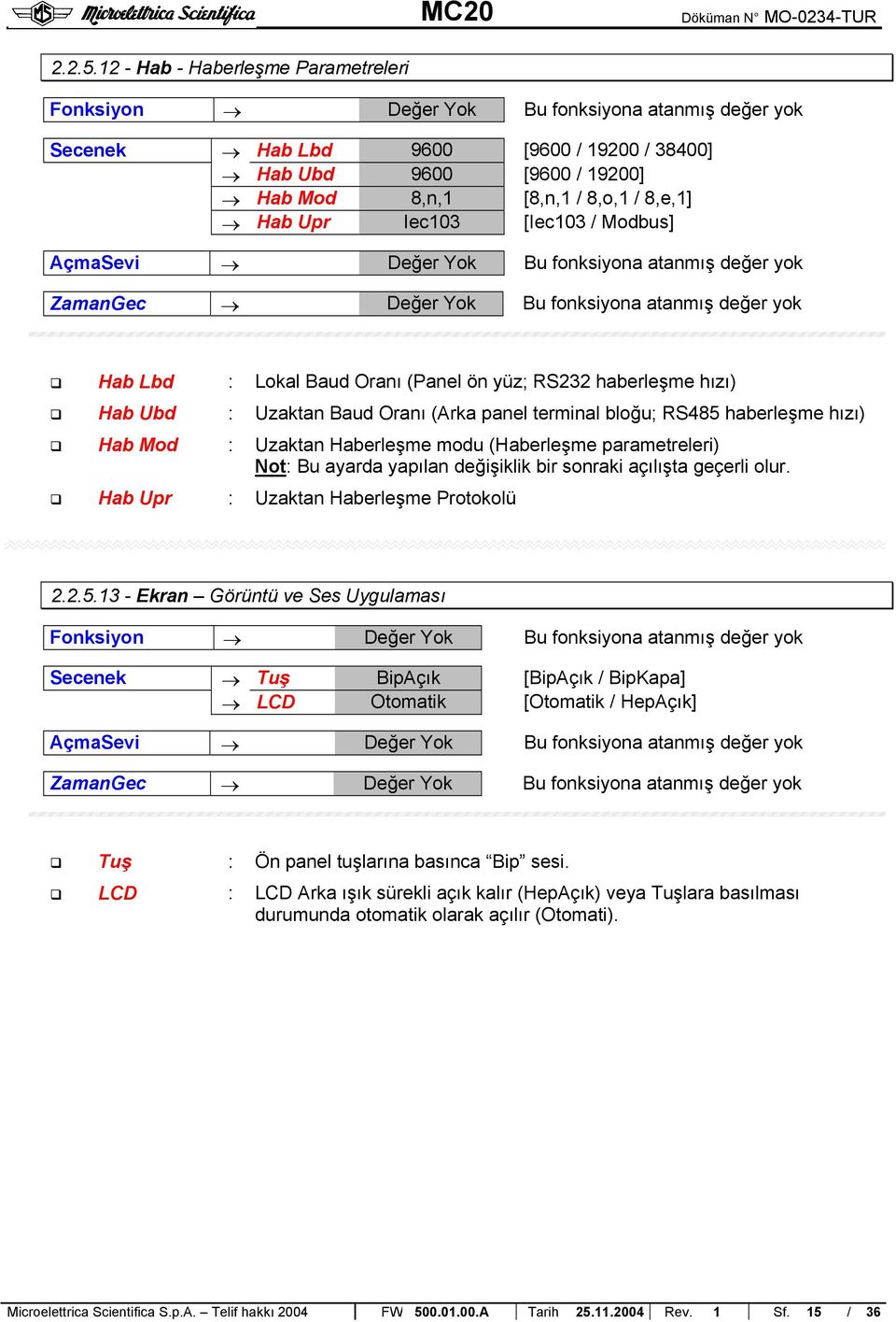 Hab Upr Iec103 [Iec103 / Modbus] çmasevi Değer Yok Bu fonksiyona atanmış değer yok ZamanGec Değer Yok Bu fonksiyona atanmış değer yok Hab Lbd : Lokal Baud Oranı (Panel ön yüz; RS232 haberleşme hızı)