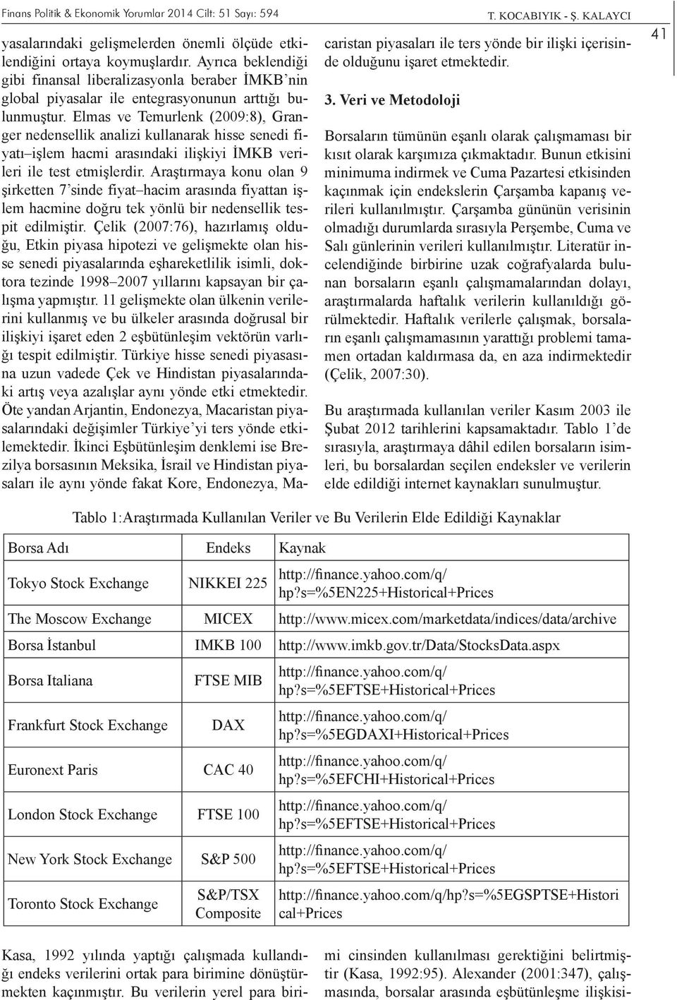 Elmas ve Temurlenk (2009:8), Granger nedensellik analizi kullanarak hisse senedi fiyatı işlem hacmi arasındaki ilişkiyi İMKB verileri ile test etmişlerdir.