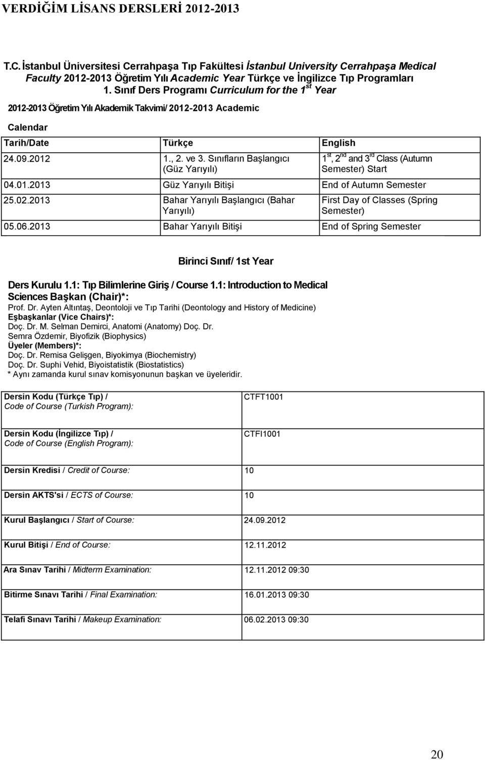 Sınıf Ders Programı Curriculum for the 1 st Year 2012-2013 Öğretim Yılı Akademik Takvimi/ 2012-2013 Academic Calendar Tarih/Date Türkçe English 24.09.2012 1., 2. ve 3.