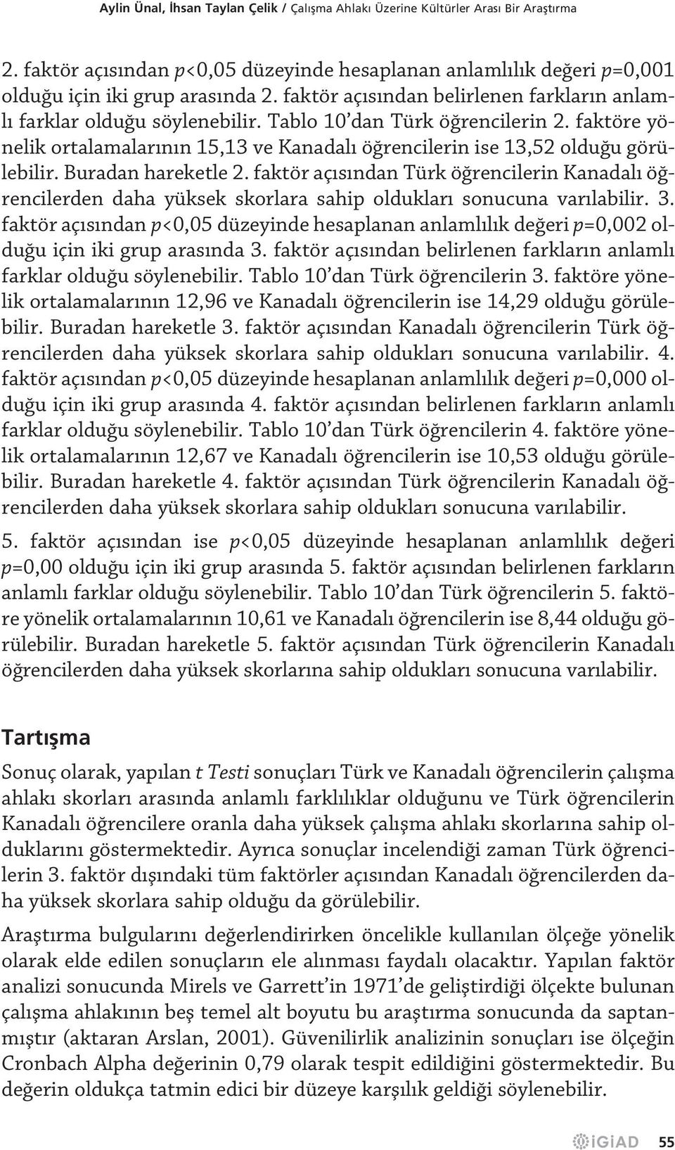 Buradan hareketle 2. faktör aç s ndan Türk ö rencilerin Kanadal ö rencilerden daha yüksek skorlara sahip olduklar sonucuna var labilir. 3.