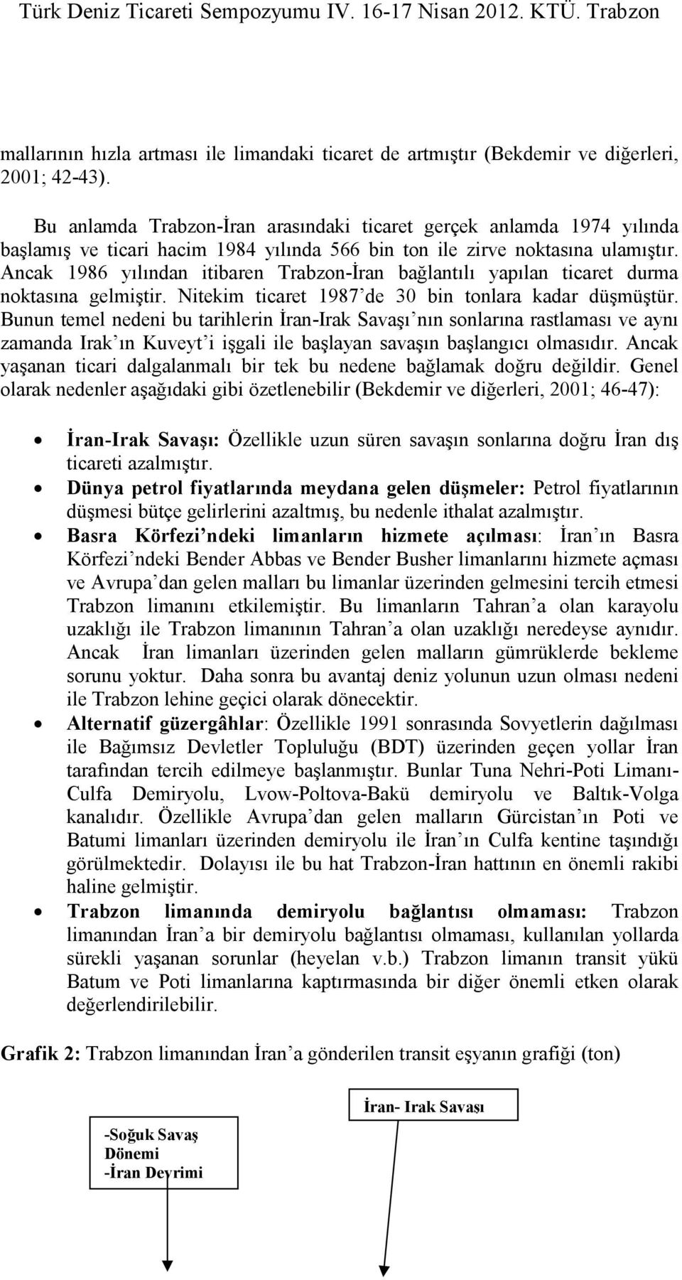 Ancak 1986 yılından itibaren Trabzon-Đran bağlantılı yapılan ticaret durma noktasına gelmiştir. Nitekim ticaret 1987 de 30 bin tonlara kadar düşmüştür.
