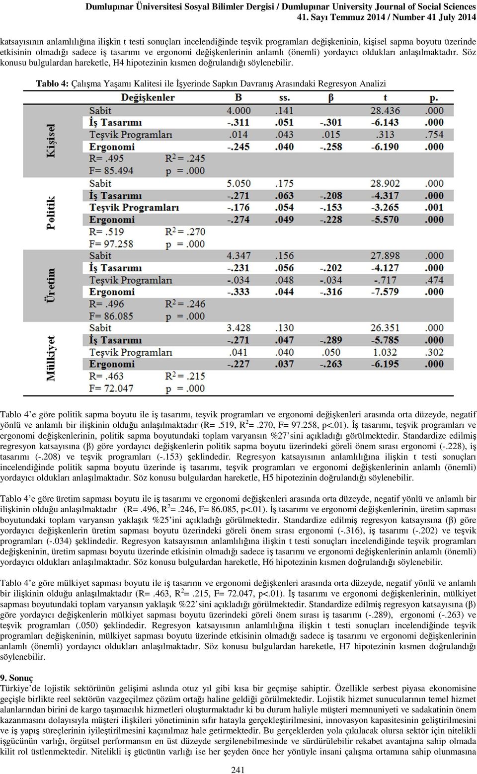 tasarımı ve ergonomi değişkenlerinin anlamlı (önemli) yordayıcı oldukları anlaşılmaktadır. Söz konusu bulgulardan hareketle, H4 hipotezinin kısmen doğrulandığı söylenebilir.