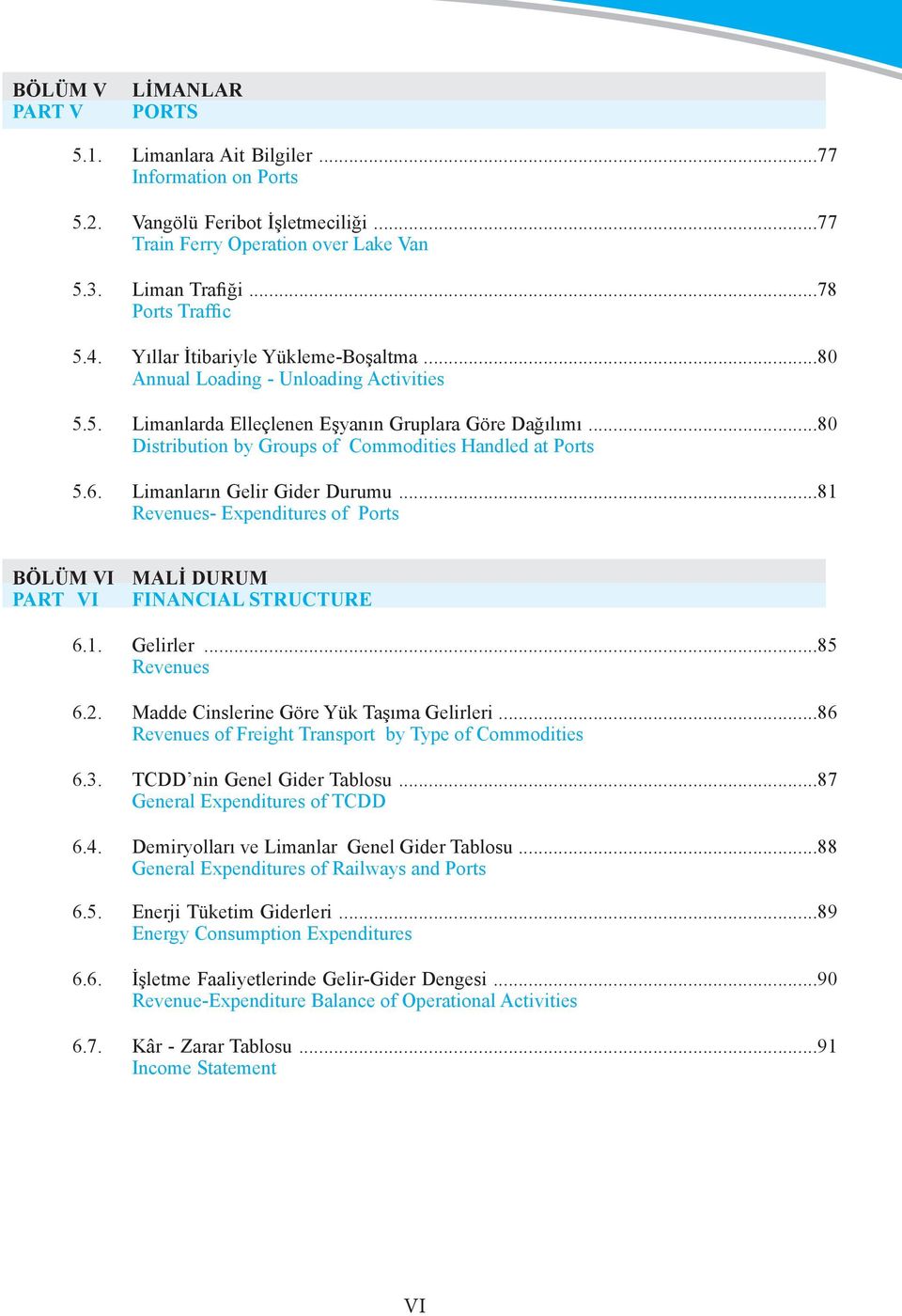 6. Limanların Gelir Gider Durumu...81 Revenues- Expenditures of Ports BÖLÜM VI MALİ DURUM PART VI FINANCIAL STRUCTURE 6.1. Gelirler...85 Revenues 6.2. Madde Cinslerine Göre Yük Taşıma Gelirleri.