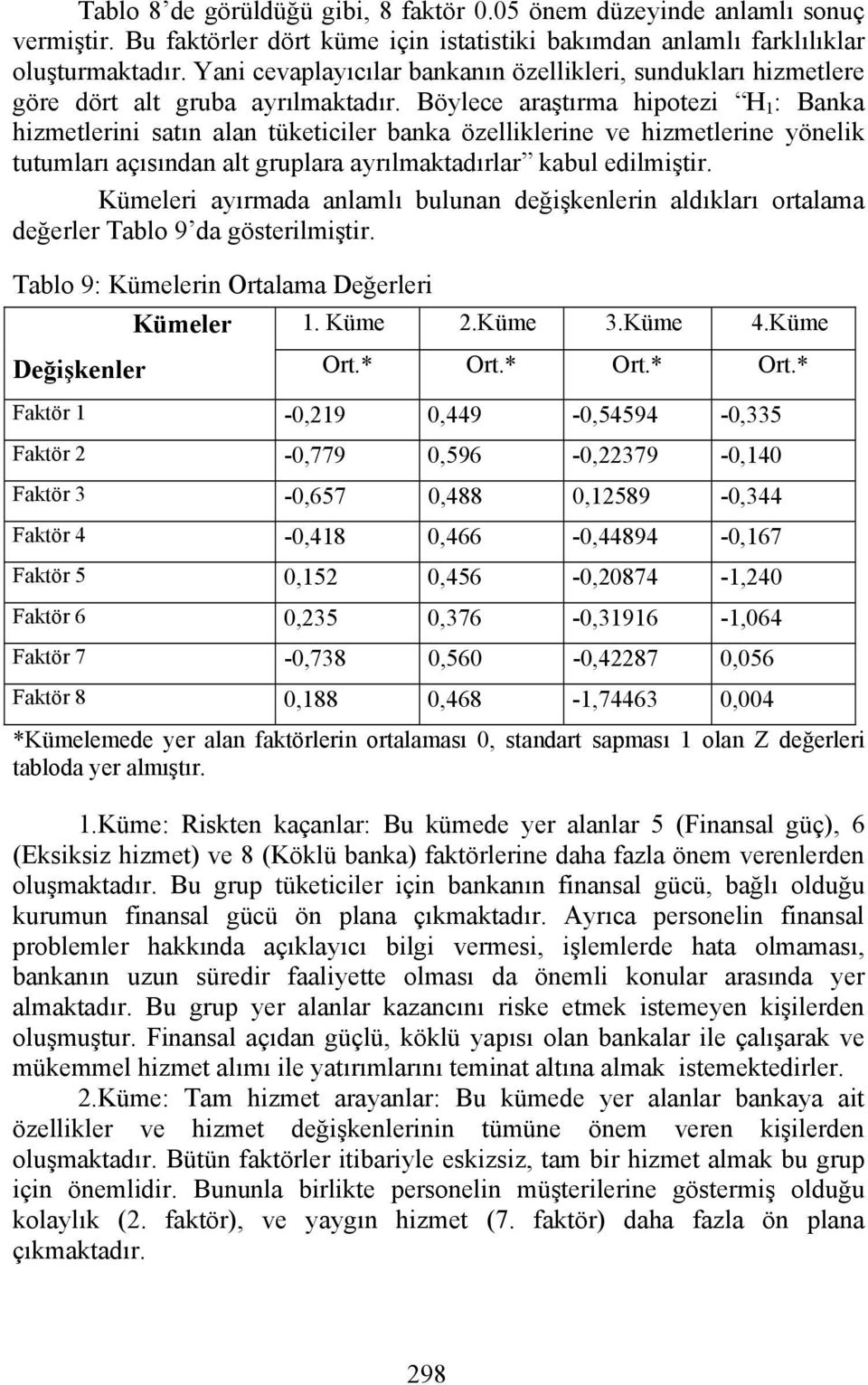 Böylece araştırma hipotezi H 1 : Banka hizmetlerini satın alan tüketiciler banka özelliklerine ve hizmetlerine yönelik tutumları açısından alt gruplara ayrılmaktadırlar kabul edilmiştir.