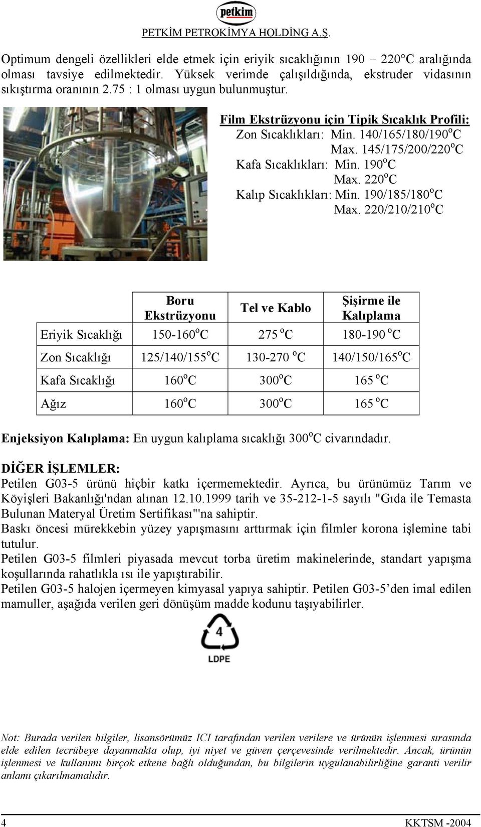 220 o C Kalıp Sıcaklıkları: Min. 190/185/180 o C Max.