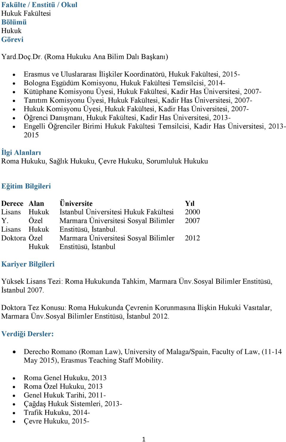 Hukuk Fakültesi, Kadir Has Üniversitesi, 2007- Tanıtım Komisyonu Üyesi, Hukuk Fakültesi, Kadir Has Üniversitesi, 2007- Hukuk Komisyonu Üyesi, Hukuk Fakültesi, Kadir Has Üniversitesi, 2007- Öğrenci